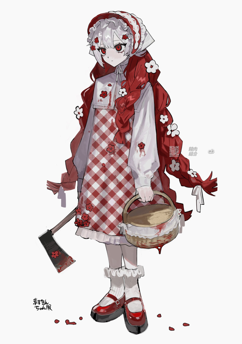 1girl, axe, basket, blood, blood_drop, blood_on_weapon, commentary_request, dress