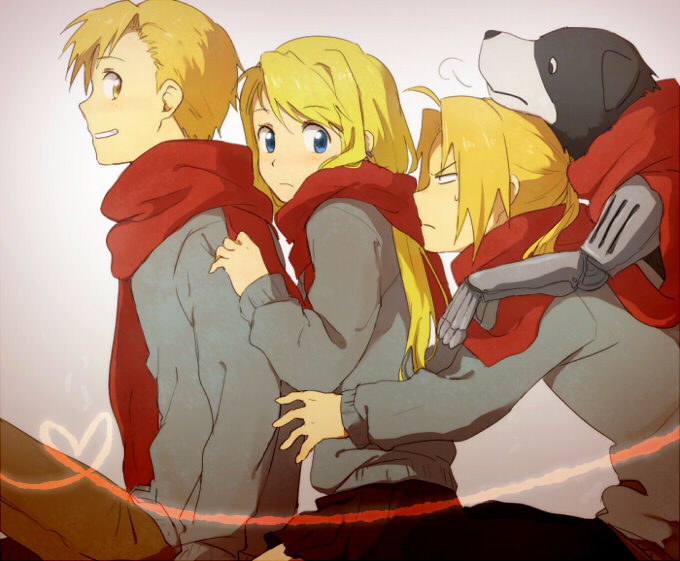 bad_id, blonde_hair, blue_eyes, casual, den_(fullmetal_alchemist), dog, edward_elric, fullmetal_alchemist, heart, heart_of_string, looking_back, miniskirt, ponytail, red_scarf, riru, scarf, sitting, skirt, winry_rockbell, yellow_eyes