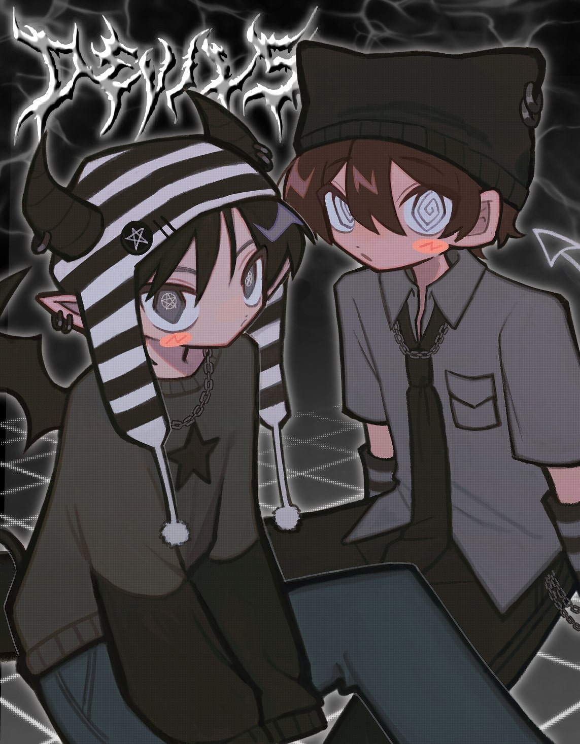 2boys, @_@, abstract_background, animal_hat, art_trade, black_hair, black_theme, blush_stickers