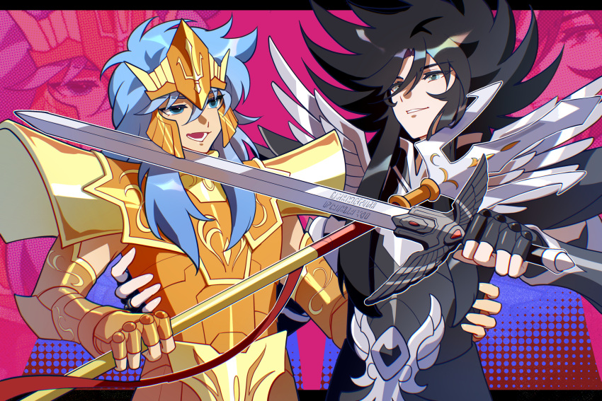 2boys, absurdres, armor, black_armor, black_hair, blue_eyes, blue_hair, crossed_weapons