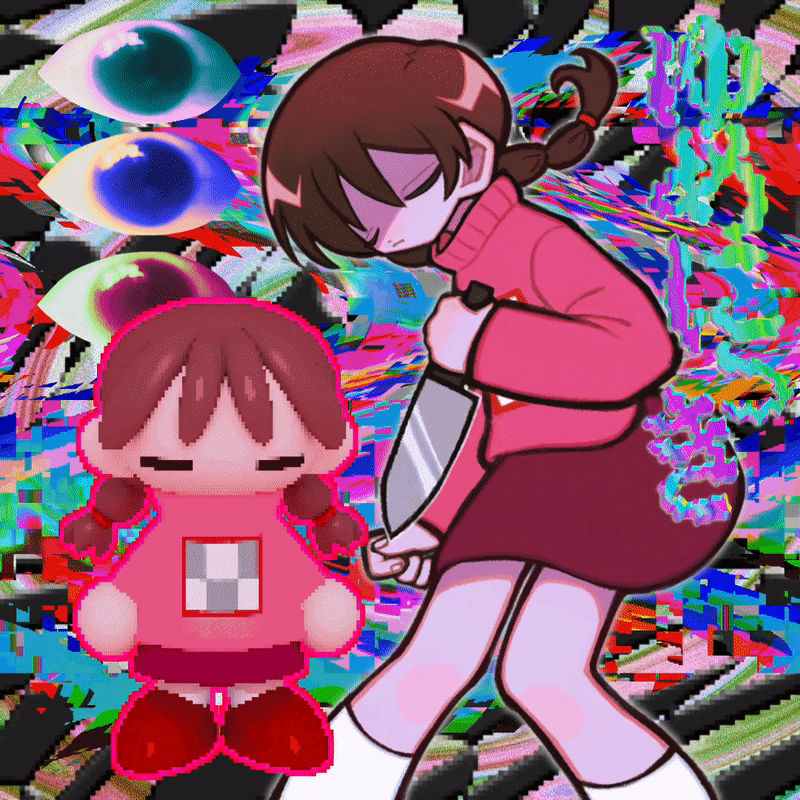 1girl, 3d, =_=, abstract_background, animated, animated_gif, blinking, braid, brown_hair, chibi, closed_eyes, closed_mouth, copyright_name, disembodied_eye, empty_eyes, expressionless, glitch, hand_up, holding, holding_knife, kneehighs, knees_together_feet_apart, knife, long_hair, long_sleeves, looking_at_viewer, looping_animation, madotsuki, multiple_views, one_eye_closed, outline, pink_outline, pink_sweater, red_eyes, red_skirt, shaded_face, skirt, sleeves_past_wrists, socks, solo, spinning, surreal, sweater, turtleneck, twin_braids, white_outline, white_socks, yappari, yume_nikki