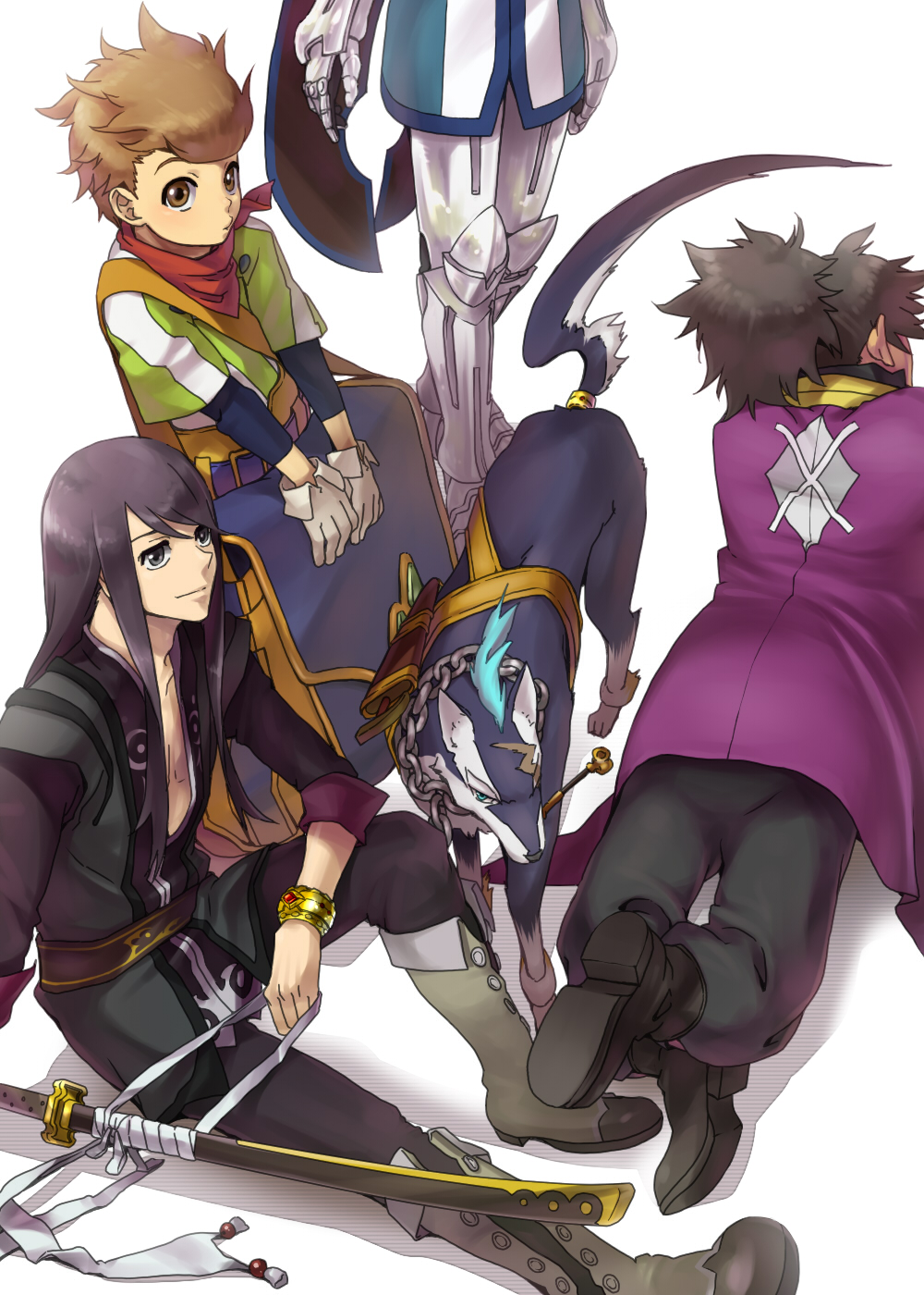 animal, armor, bag, black_hair, boots, bracelet, brown_eyes, brown_hair