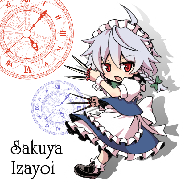 azuma_takeshi, blush, braid, character_name, izayoi_sakuya, knife, maid, open_mouth