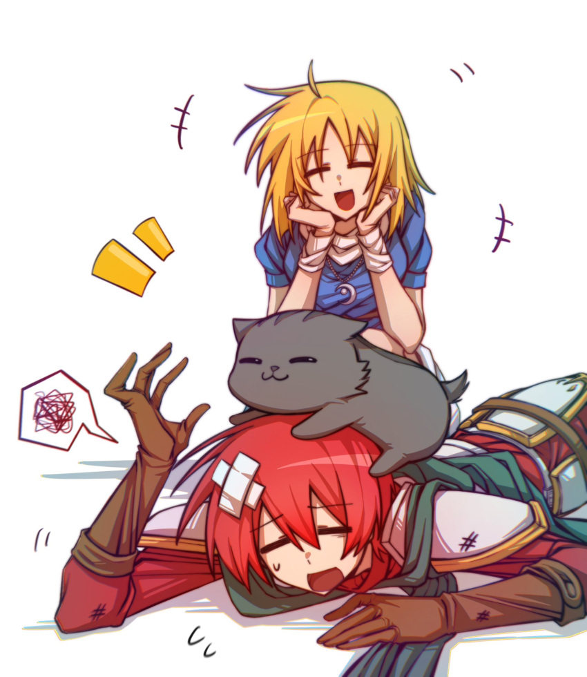 1boy, 1girl, adol_christin, annoyed, arkibk, armor, bandaid, bandaid_on_head, blonde_hair, closed_eyes, crossed_bandaids, elena_stoddart, flying_sweatdrops, gloves, hands_on_own_cheeks, hands_on_own_face, highres, jewelry, laughing, leather, leather_gloves, lying, necklace, on_stomach, pikkard_(ys), redhead, simple_background, sweatdrop, white_background, ys, ys_iii_wanderers_of_ys