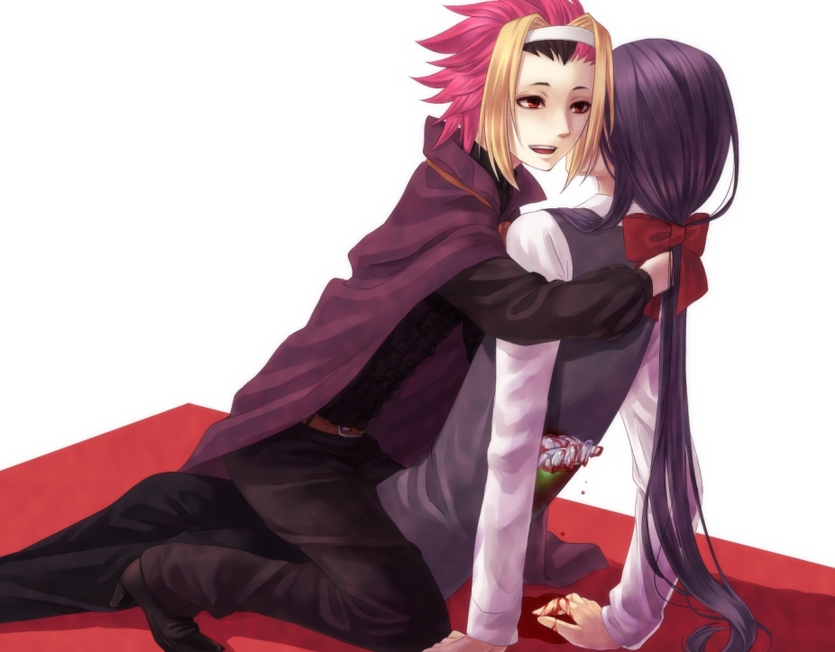 blood, bow, cape, headband, long_hair, lotter75, male, multiple_boys
