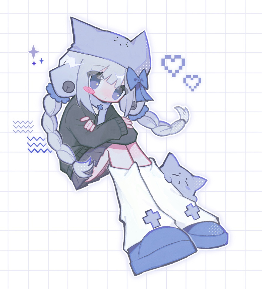 1girl, animal_hat, art_trade, blue_eyes, blush_stickers, braid, cat, cat_hat