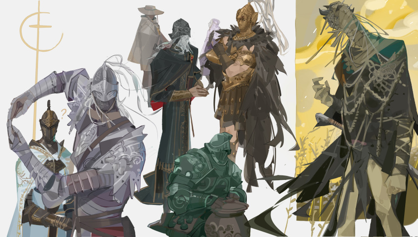 1other, 2girls, 5boys, absurdres, arm_up, armor, black_capelet, black_robe