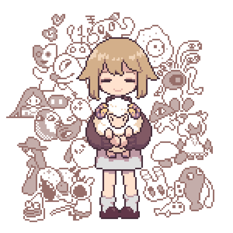 1girl, =_=, blonde_hair, brown_footwear, closed_eyes, closed_mouth, holding, holding_stuffed_toy, hugging_doll, hugging_object, loose_socks, medium_hair, patterned_background, pixel_art, purple_sweater, regurusu_(nagarevosi), sidelocks, skirt, smile, socks, solo, stuffed_animal, stuffed_sheep, stuffed_toy, sweater, urotsuki, white_background, white_skirt, white_socks, yume_2kki