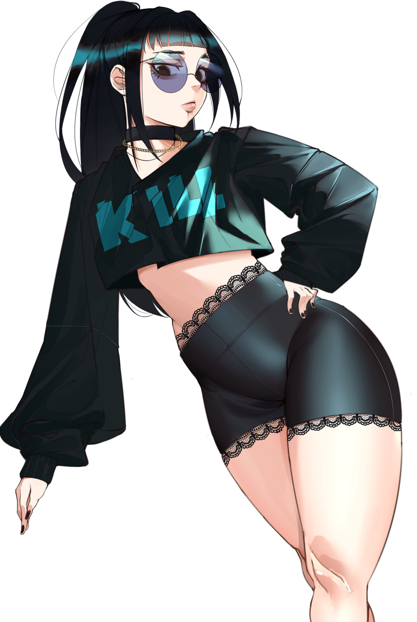 1girl, absurdres, baggy_clothes, black_choker, black_hair, black_nails, black_shorts, blunt_bangs