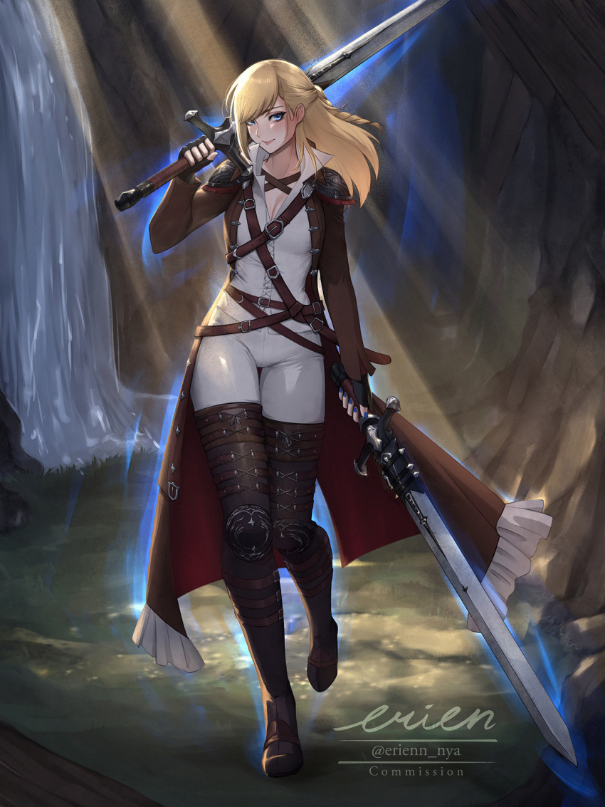 1girl, armor, belt, blonde_hair, blue_eyes, blue_nails, boots, commission, detached_sleeves, dual_wielding, erien, final_fantasy, final_fantasy_xiv, fingerless_gloves, gloves, highres, holding, holding_sword, holding_weapon, leather, leather_boots, medium_hair, nail_polish, outdoors, shoulder_armor, solo, sword, viper_(final_fantasy), water, waterfall, weapon