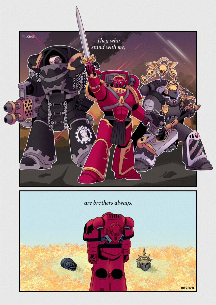 3boys, adeptus_astartes, armor, axe, battle_axe, blood_angels, bolter, commission, dual_wielding, english_text, flamer, flamethrower, highres, holding, holding_axe, holding_sword, holding_weapon, iron_hands_(warhammer), iron_warriors, mixuen_chan, multiple_boys, pauldrons, power_armor, shoulder_armor, skull_ornament, skull_print, sword, teardrop-shaped_gem, terminator_armor, warhammer_40k, weapon