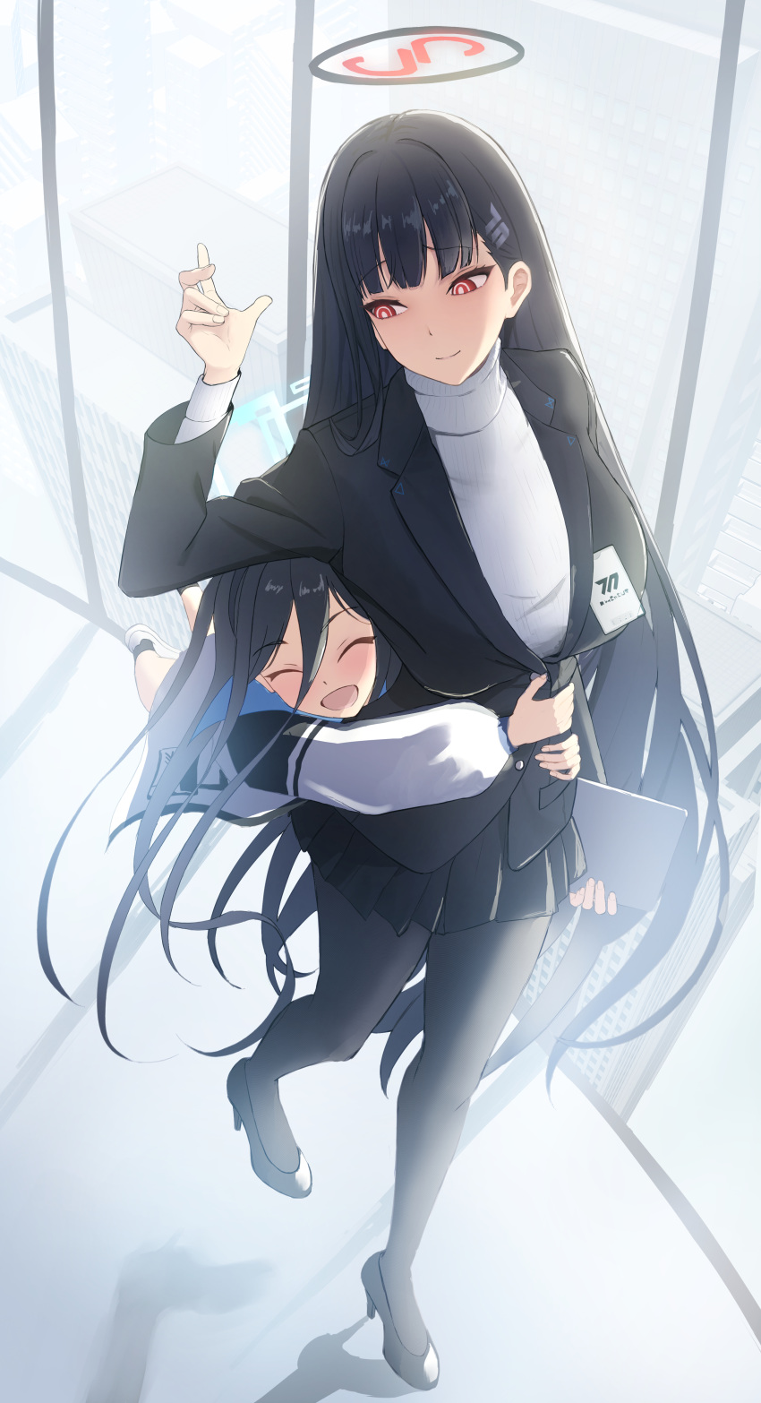 2girls, absurdres, aris_(blue_archive), asao_(asaomm12345), black_footwear, black_hair, black_halo, black_jacket