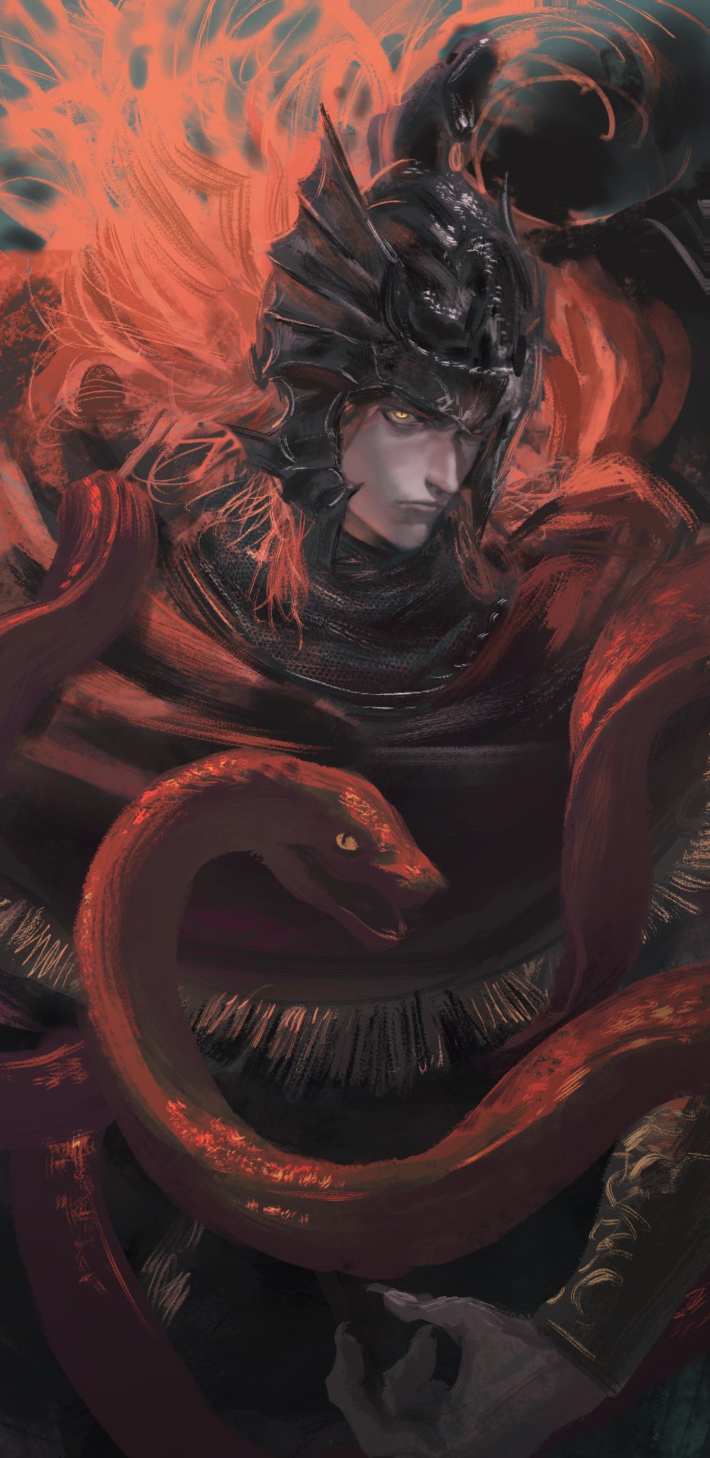 1boy, armor, chinese_commentary, commentary_request, elden_ring, elden_ring:_shadow_of_the_erdtree, helmet, highres, long_hair, looking_at_viewer, male_focus, messmer_the_impaler, one_eye_closed, ornate_armor, red_snake, redhead, sbllslwb, single_vambrace, slit_pupils, snake, snake_on_shoulder, solo, vambraces, winged_helmet, yellow_eyes