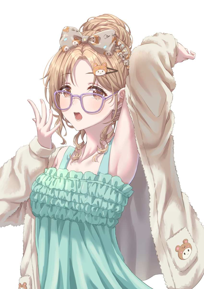 1girl, absurdres, arm_up, bow_hairband, brown_eyes, brown_jacket, frills, fur_jacket
