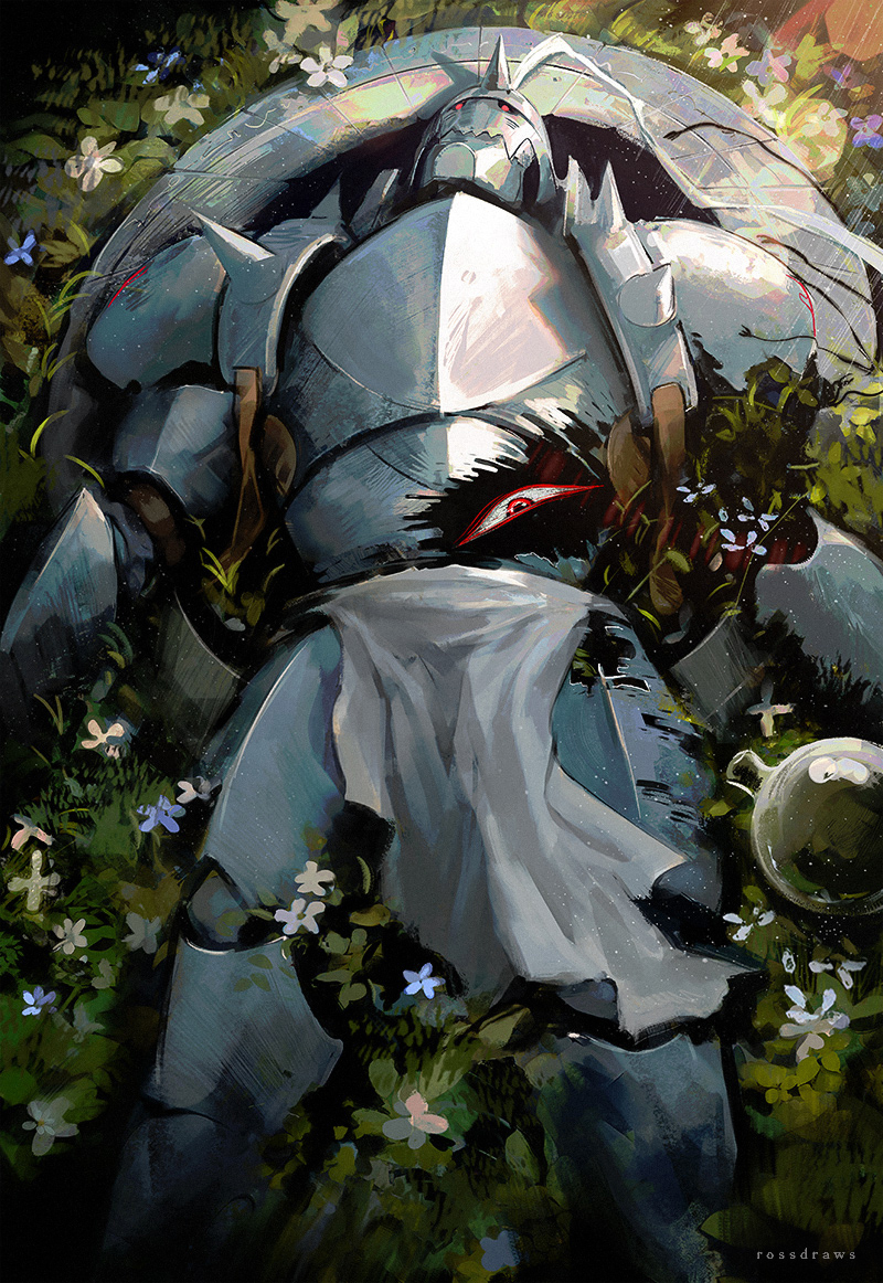 1boy, 1other, alphonse_elric, armor, flower, flower_bed, full_armor, fullmetal_alchemist
