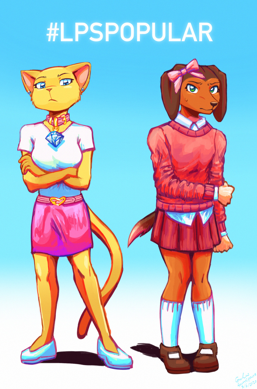 2girls, absurdres, animal_ears, animification, belt, blue_eyes, bow, breasts