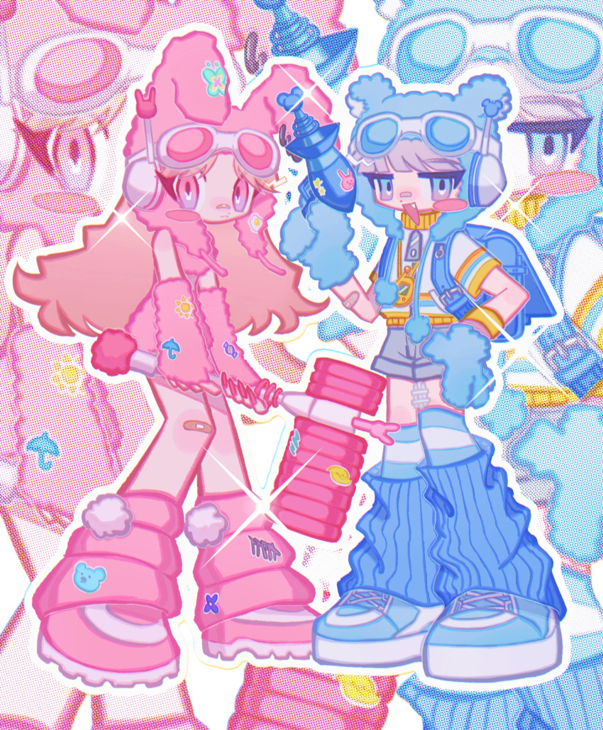 1boy, 1girl, animal_hands, animal_hat, backpack, bag, bandaid, bandaid_on_face