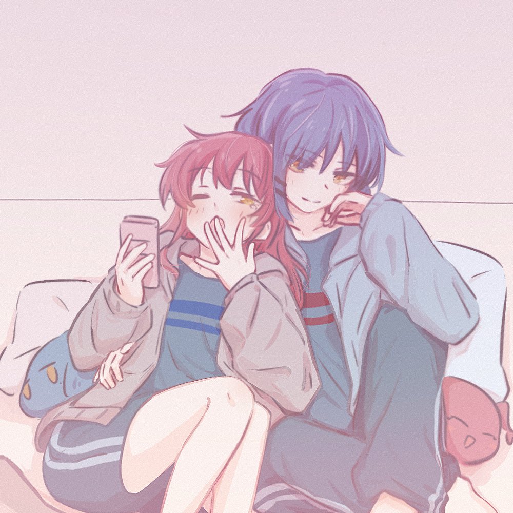2girls, alternate_costume, arm_across_waist, blue_hair, bocchi_the_rock!, couch, covering_own_mouth, cuddling