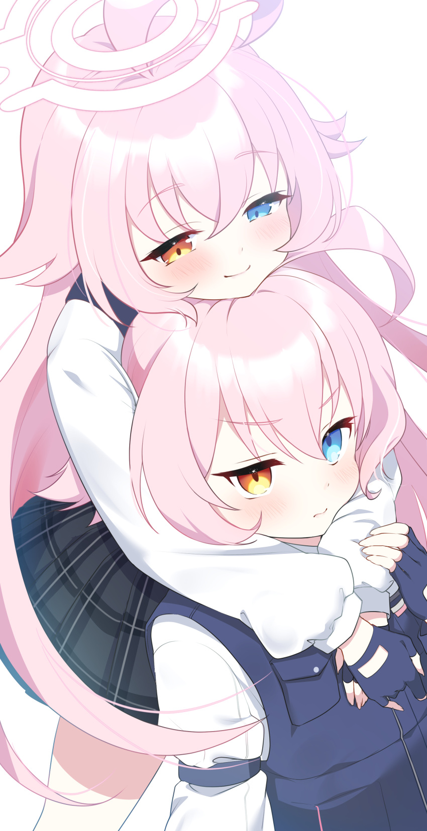 2girls, absurdres, ahoge, blue_archive, blue_eyes, blue_gloves, blush, closed_mouth, commentary_request, fingerless_gloves, gloves, halo, heterochromia, highres, hoshino_(blue_archive), hoshino_(young)_(blue_archive), hug, hug_from_behind, long_hair, long_sleeves, looking_at_another, multiple_girls, pink_hair, pink_halo, plaid_clothes, plaid_skirt, pleated_skirt, school_uniform, shirt, simple_background, skirt, smile, standing, tuyumori_kaoru_(alilybell1241), white_background, white_shirt, yellow_eyes