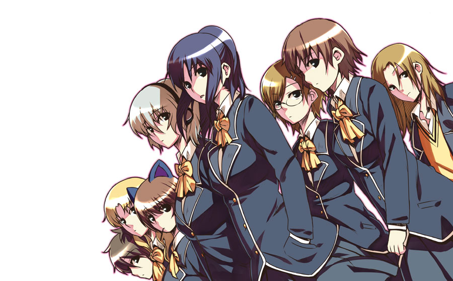 animal_ears, black_eyes, black_hair, blazer, blonde_hair, breasts, brown_hair, cat_ears