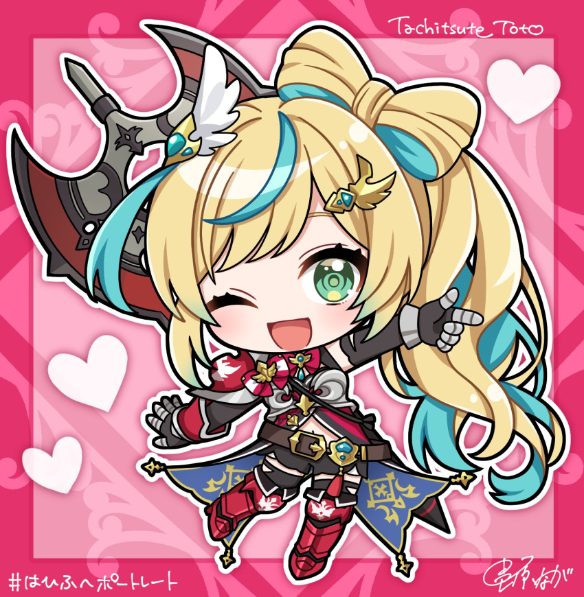 1girl, :d, aqua_hair, armor, armored_boots, armored_gloves, axe, blonde_hair