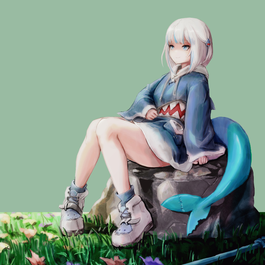 1girl, absurdres, arm_at_side, arm_support, blue_eyes, blue_hair, blue_hoodie, blunt_bangs