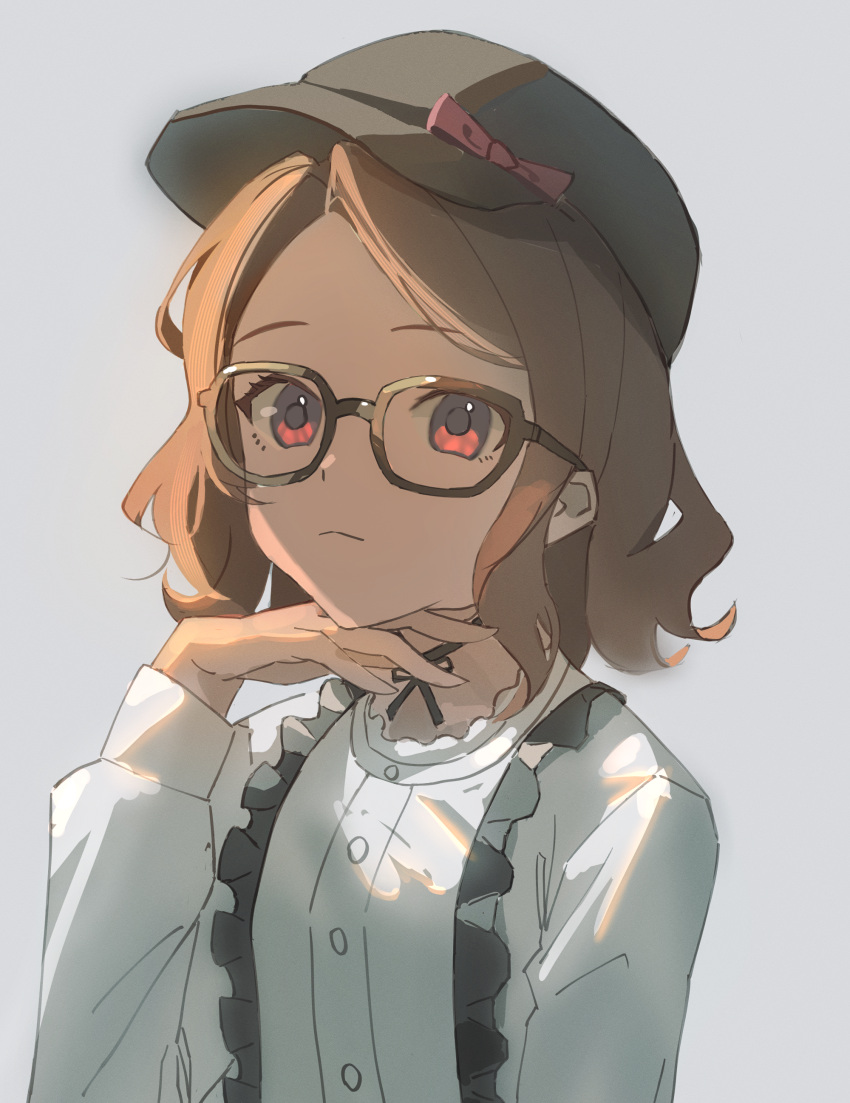 1girl, absurdres, black-framed_eyewear, black_choker, black_hat, brown_hair, buttons, choker