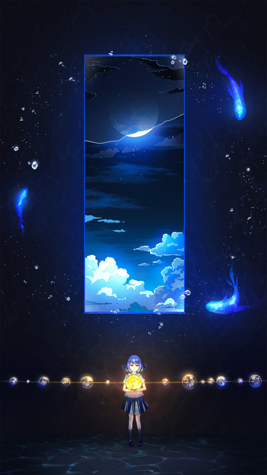 1girl, blue_hair, blue_sailor_collar, blue_skirt, bubble, caustics, clouds, commentary_request