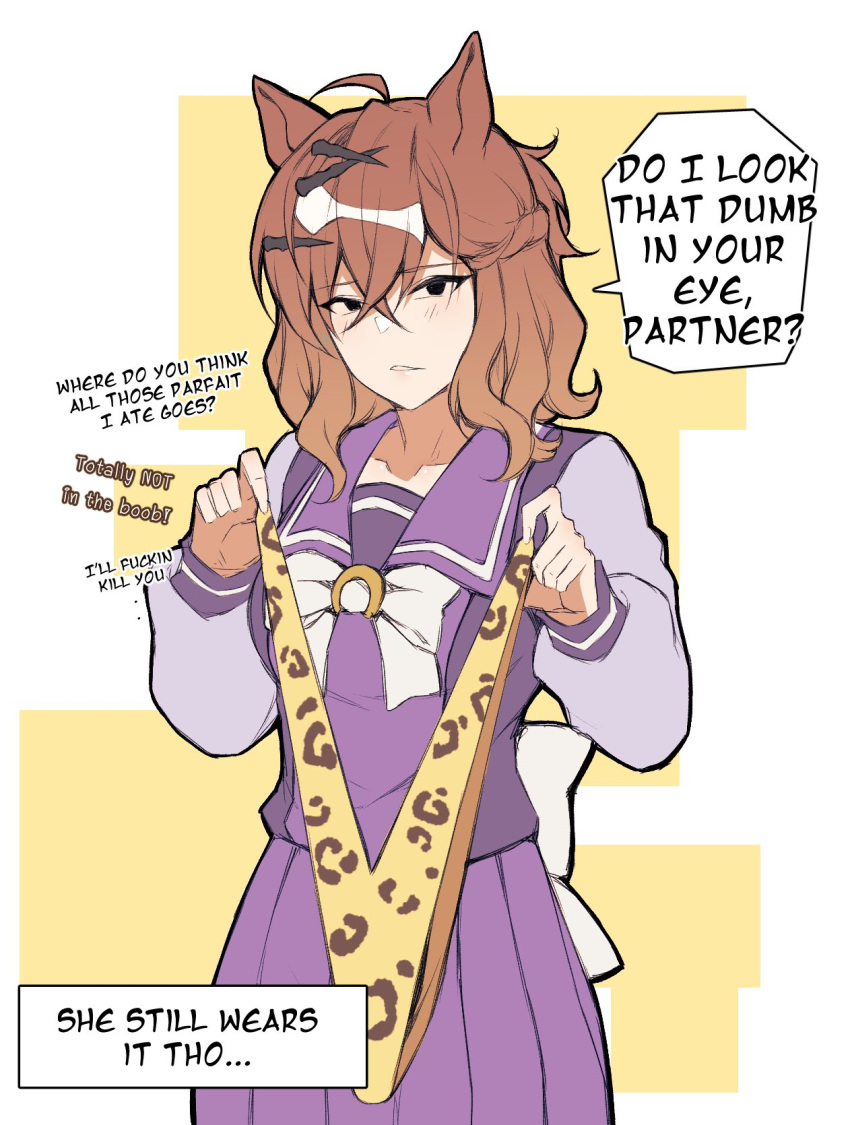 1girl, ahoge, animal_ears, animal_print, bow, bowtie, brown_hair, cero_rains