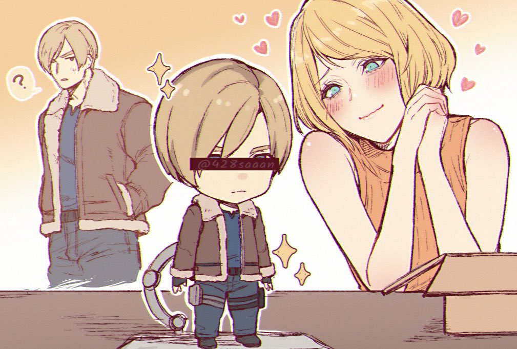 1boy, 1girl, 428saaan, ashley_graham, blonde_hair, blue_eyes, blush, curtained_hair, fur_trim, leon_s._kennedy, nendoroid, orange_sweater, resident_evil, resident_evil_4, resident_evil_4_(remake), short_hair, sleeveless, sleeveless_sweater, sleeveless_turtleneck, smile, sweater, turtleneck