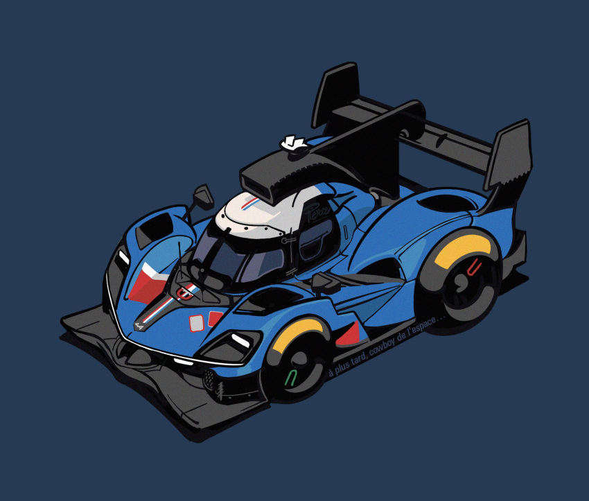 alpine_(carmaker), alpine_a424, blue_background, blue_car, car, chibi, french_commentary, french_flag, french_text, from_above, highres, isometric, le_mans_prototype, motor_vehicle, no_humans, race_vehicle, racecar, spoiler_(automobile), vehicle_focus, will_pierce, world_endurance_championship