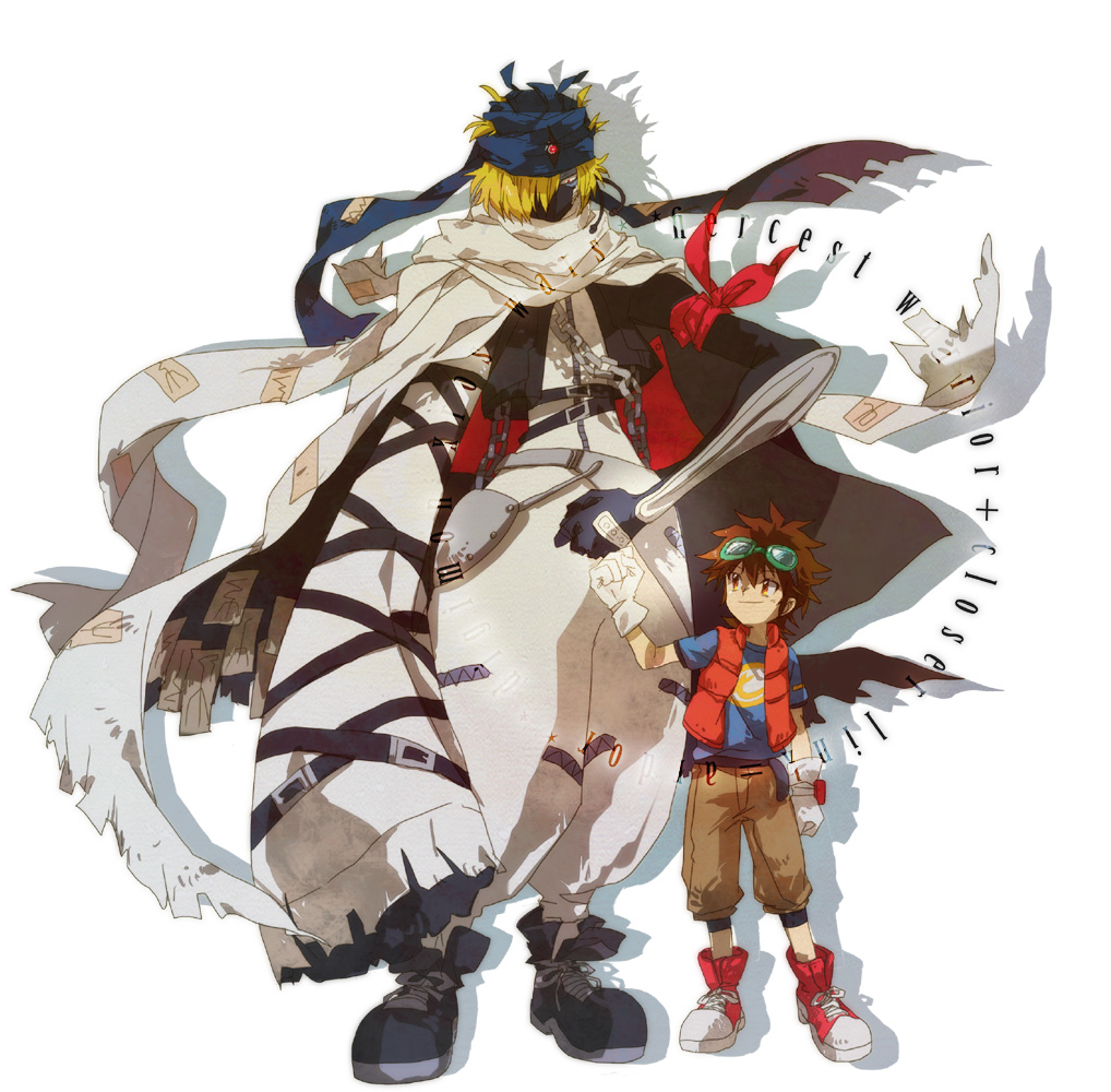 baalmon, belt, blonde_hair, brown_eyes, brown_hair, chain, cloak, digimon