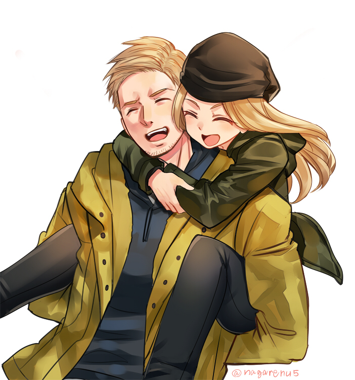 blonde_hair, blush, carrying, closed_eyes, coat, ethan_winters, facial_hair, father_and_daughter