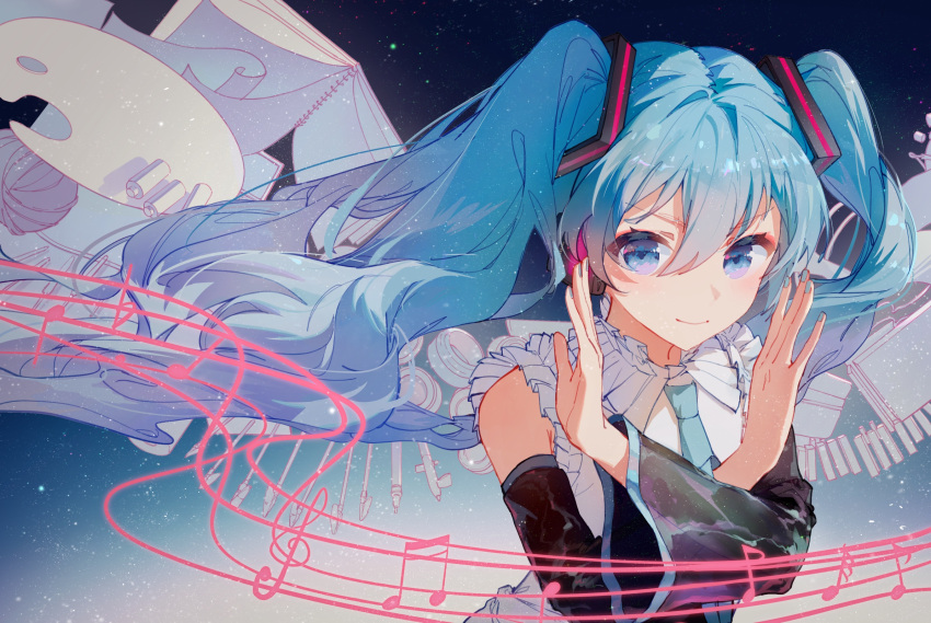 1girl, aqua_necktie, art_brush, artificial_wings, beamed_sixteenth_notes, black_sleeves, blue_eyes, blue_hair