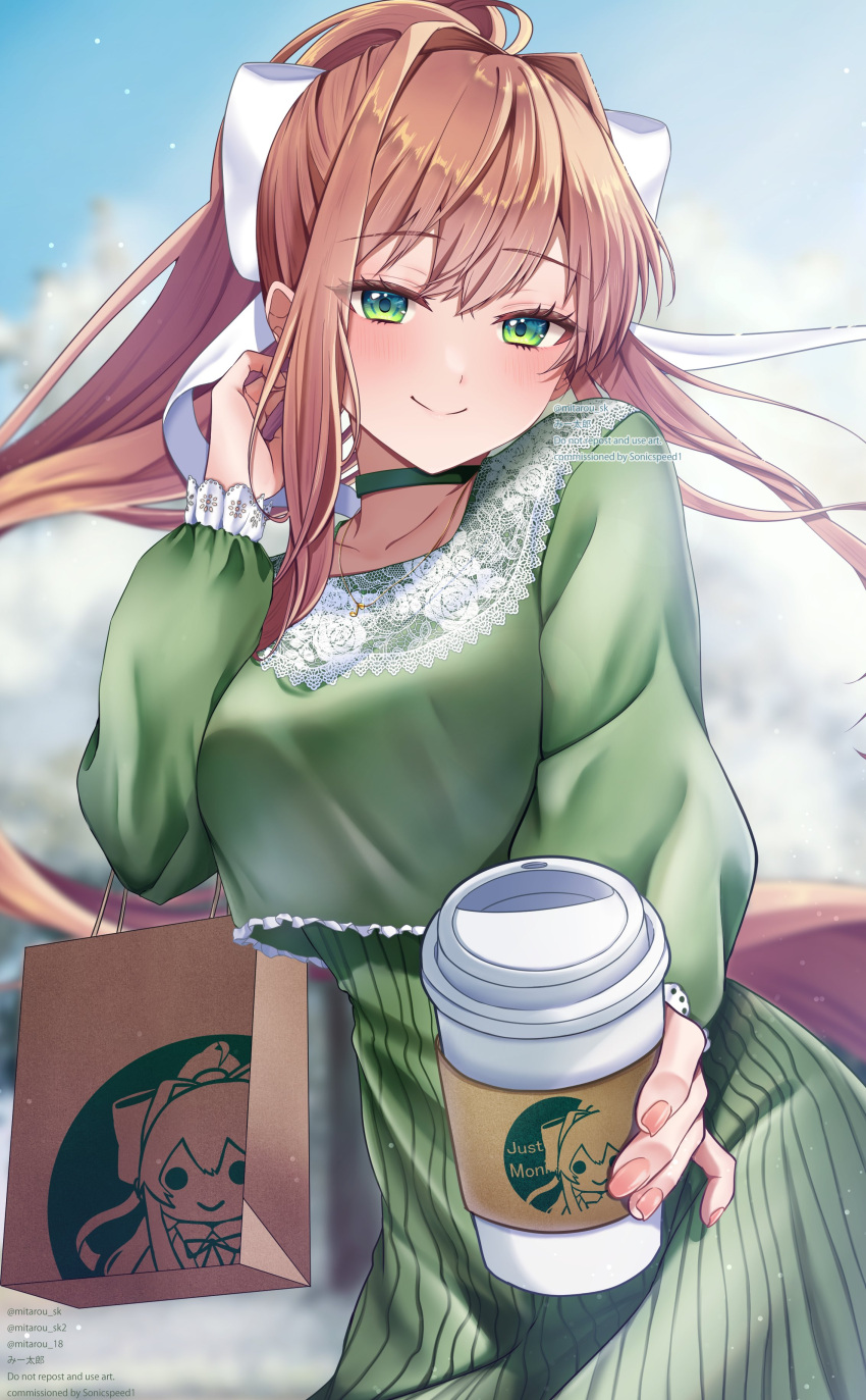 1girl, absurdres, blurry, blurry_background, bow, breasts, brown_hair, choker
