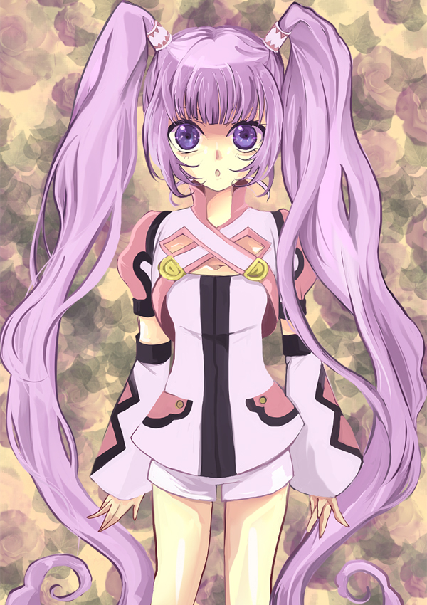 bolero, detached_sleeves, long_hair, purple_eyes, purple_hair, sepia_background, short_shorts, shorts