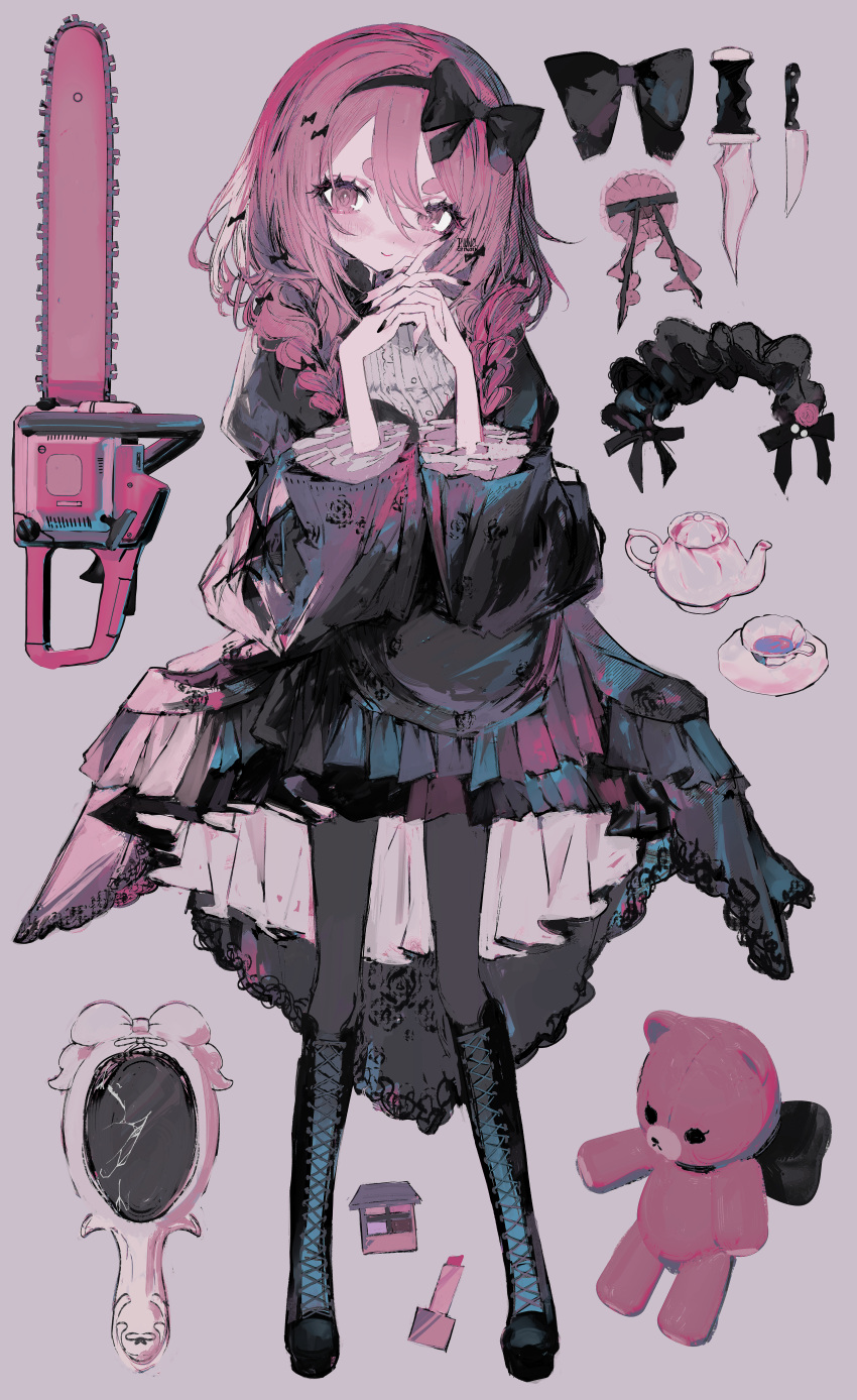 1girl, absurdres, black_dress, boots, broken_mirror, chainsaw, cup, dagger