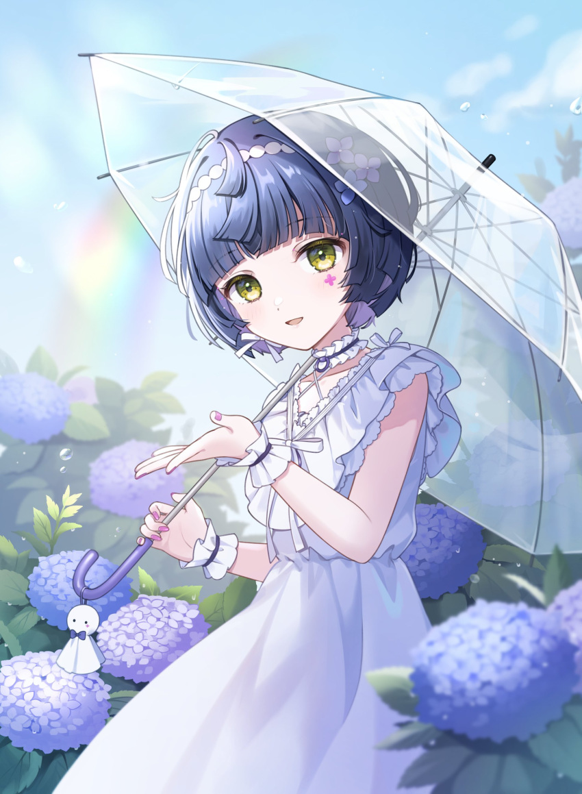 1girl, absurdres, aru_(sinsekai), black_hair, choker, clouds, colored_inner_hair, criss-cross_halter, dress, edano_(8ed_mm8), facial_mark, flower, flower_facial_mark, frilled_choker, frills, hair_flower, hair_ornament, hairband, halterneck, highres, holding, holding_umbrella, kamitsubaki_studio, looking_at_viewer, multicolored_hair, open_mouth, purple_flower, purple_hair, purple_nails, rainbow, short_hair, sinsekai_studio, sky, sleeveless, smile, solo, sunlight, transparent, transparent_umbrella, umbrella, virtual_youtuber, white_dress, yellow_eyes