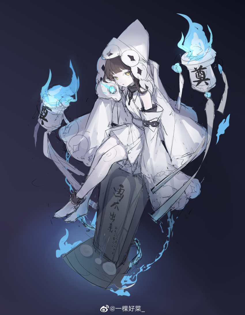 1girl, absurdres, black_background, blue_fire, blunt_bangs, brown_hair, chain, chain_around_arm
