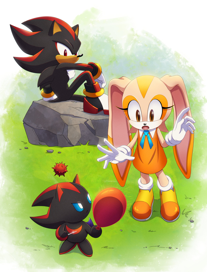 1boy, 1girl, absurdres, animal_ears, balloon, brown_eyes, chao_(sonic), commission