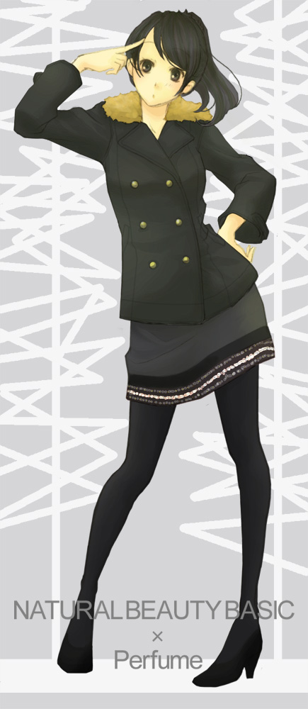 black_hair, high_heels, jacket, legs, maru_(memoriatechnica), pantyhose, perfume, shoes