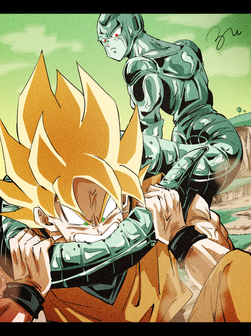 2boys, biting, biting_another's_tail, blonde_hair, commentary_request, dougi, dragon_ball, dragon_ball_z