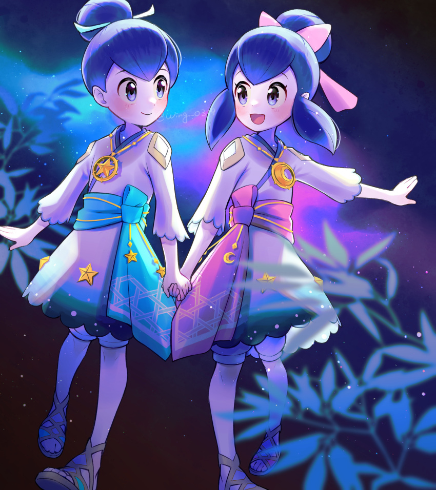 1boy, 1girl, absurdres, blue_hair, brother_and_sister, dark_blue_hair, highres, holding_hands