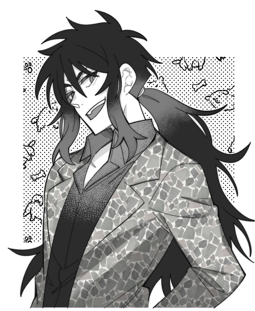 1boy, :d, bone, choujun!_choujou_senpai, dog, greyscale, higaragi, highres
