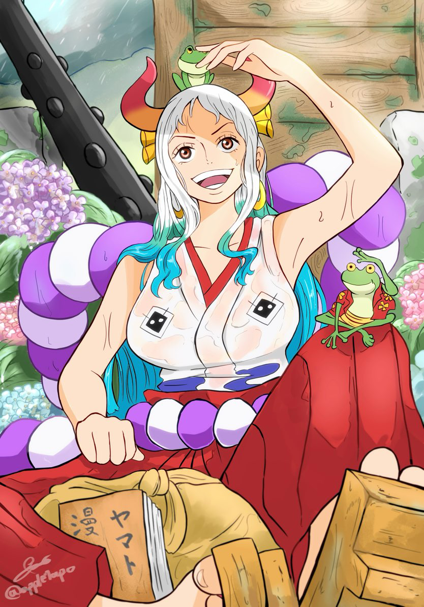 1girl, :d, apple7apo, arm_up, blue_hair, book, brown_eyes, club_(weapon), curled_horns, earrings, frog, green_hair, hair_ornament, hair_stick, hakama, hakama_pants, hoop_earrings, horns, japanese_clothes, jewelry, kimono, long_hair, multicolored_hair, multicolored_horns, one_piece, oni, open_mouth, orange_horns, pants, red_hakama, red_horns, rope, sleeveless, sleeveless_kimono, smile, solo, spiked_club, teeth, weapon, white_hair, yamato_(one_piece)