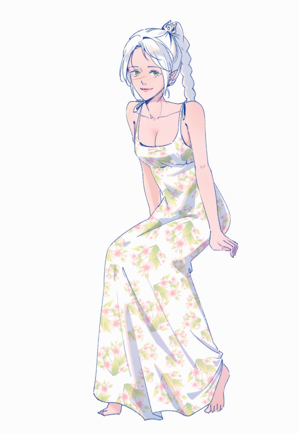 1girl, baldur's_gate, baldur's_gate_3, breasts, dress, dungeons_&amp;_dragons, elf, green_eyes, highres, hoj_duck, long_braid, long_hair, looking_at_viewer, multi-tied_hair, pointy_ears, scar, scar_on_face, scar_on_nose, shadowheart_(baldur's_gate), smile