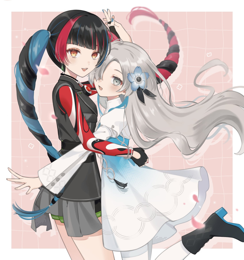 2girls, black_footwear, black_hair, blue_dress, blue_flower, blue_hair, border, braid, cowboy_shot, diamond_earrings, dress, earrings, edano_(8ed_mm8), fingerless_gloves, flower, from_side, gloves, gradient_dress, grey_eyes, hair_flower, hair_ornament, hair_over_one_eye, hand_on_another's_hand, hand_on_another's_hip, happy, harusaruhi, highres, isekai_joucho, jacket, jewelry, kamitsubaki_studio, long_hair, long_sleeves, looking_at_viewer, multicolored_hair, multiple_girls, nemophila_(flower), open_mouth, pantyhose, pink_background, redhead, shoes, shorts, smile, streaked_hair, virtual_youtuber, white_border, white_dress, white_hair, white_pantyhose, yellow_eyes
