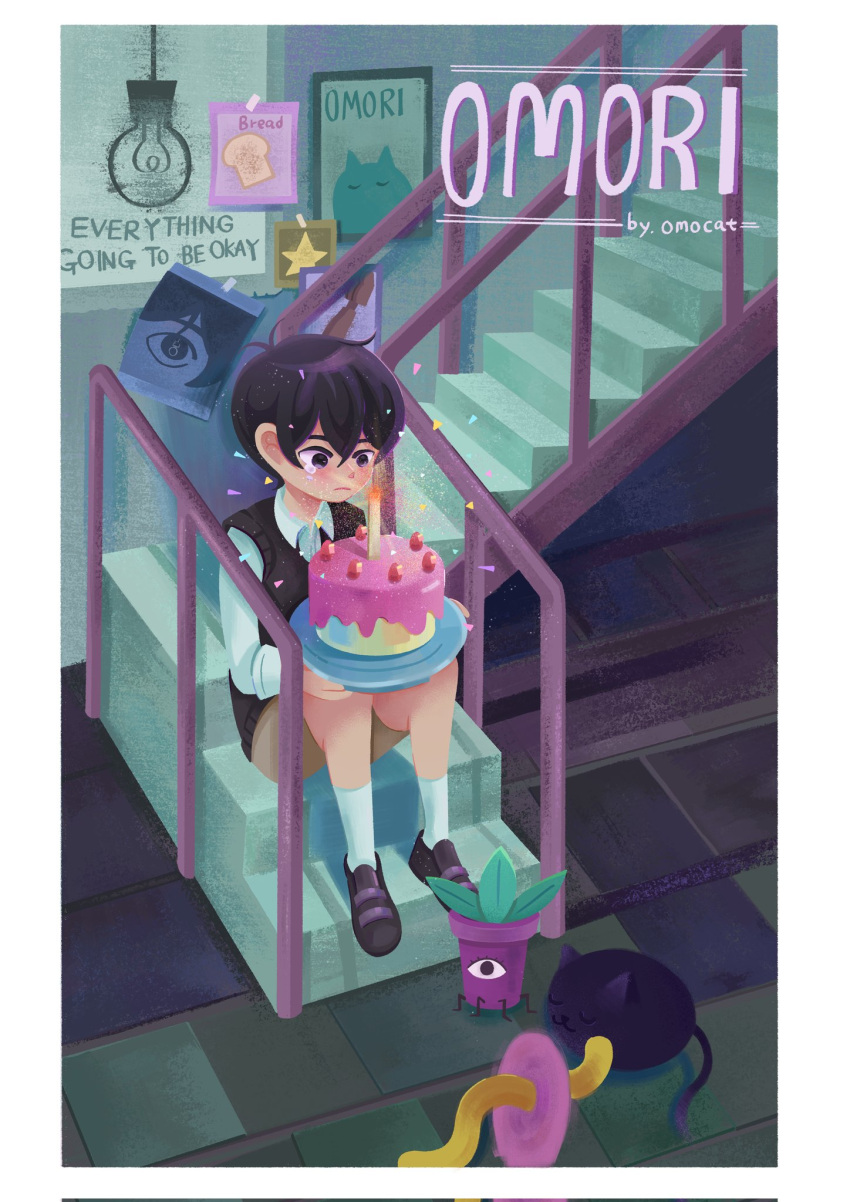 1boy, black_eyes, black_footwear, black_hair, black_sweater_vest, cake, candle, cat, closed_mouth, collared_shirt, copyright_name, food, hicc_12, highres, holding, holding_plate, long_sleeves, mewo, omori, plate, potted_plant_(omori), railing, shirt, short_hair, sitting, socks, solo, stairs, sunny_(omori), sweater_vest, white_socks, wormhole_(omori)