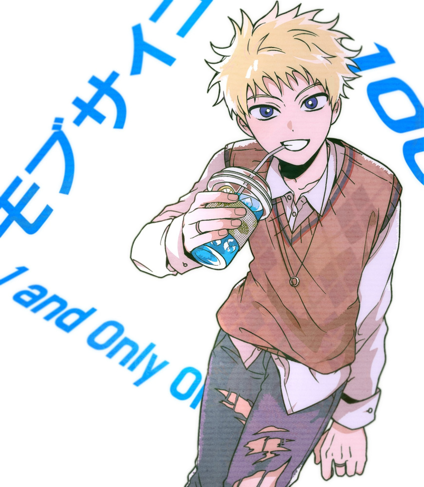 1boy, blonde_hair, blue_eyes, brown_vest, collared_shirt, cup, denim, disposable_cup