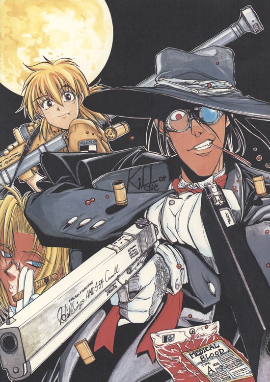 1boy, 2girls, alternate_color, alucard_(hellsing), ascot, biting, black_coat, black_hair
